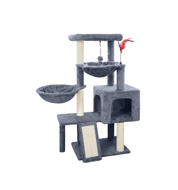 Cat Tree with Cat Condo and Two Hammocks, Cat Tree with Scratching Posts and Scratching Pads, Cat Tower for Indoor Cats, Activity Centre Climbing Tree with Playful Toy Balls, Grey