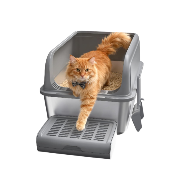 Cat Litter Box - Stainless Steel Litter Box with Scatter-Proof Elevated Step Board for Kitty Use, Robust & Non-Sticky Metal Cat Box with Scoop, Grey