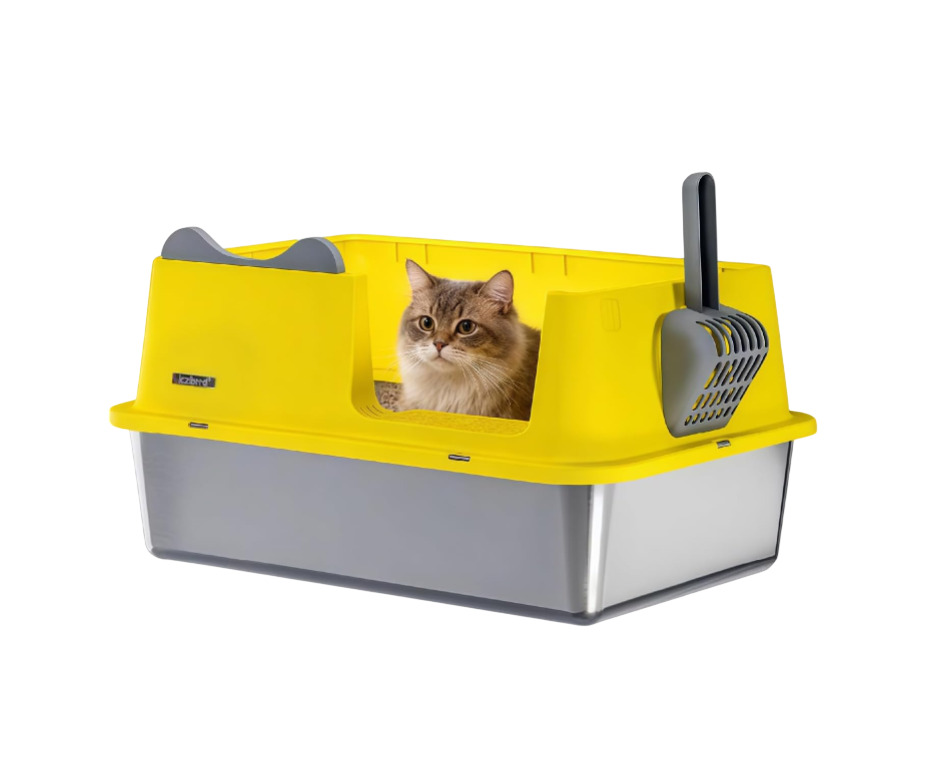 Cat Litter Box, Open Top High-Sided Metal Litter Box with Scoop, Extra Large Litter Boxes for Kitty Kitten and Big Cats, Anti-Urine Leakage, Non-Sticky, Easy to Clean (Yellow)