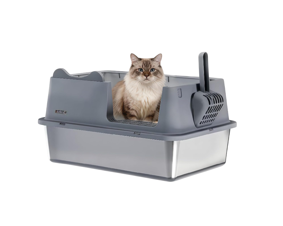 Cat Litter Box, Open Top High-Sided Metal Litter Box with Scoop, Extra Large Litter Boxes for Kitty Kitten and Big Cats, Anti-Urine Leakage, Non-Sticky, Easy to Clean (Grey)