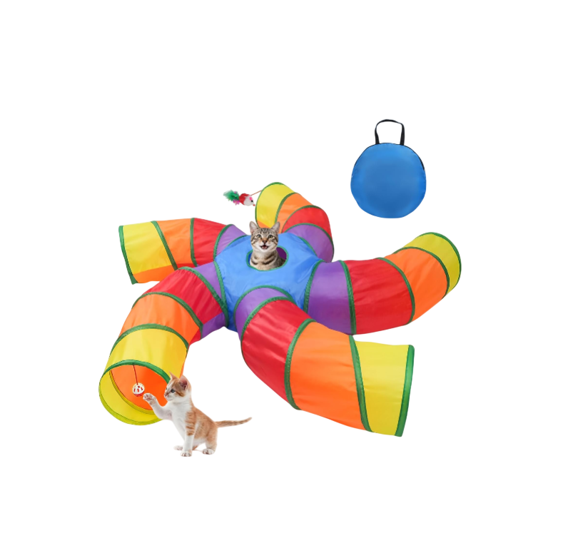 Cat Tunnels for Indoor Cats, Pet Tube Toy with Play Ball and Toy Mouse, Christmas S-Shape Collapsible Tunnel with Interactive Hole for Kitty, Kitten, Rabbit, Puppy (Rainbow)