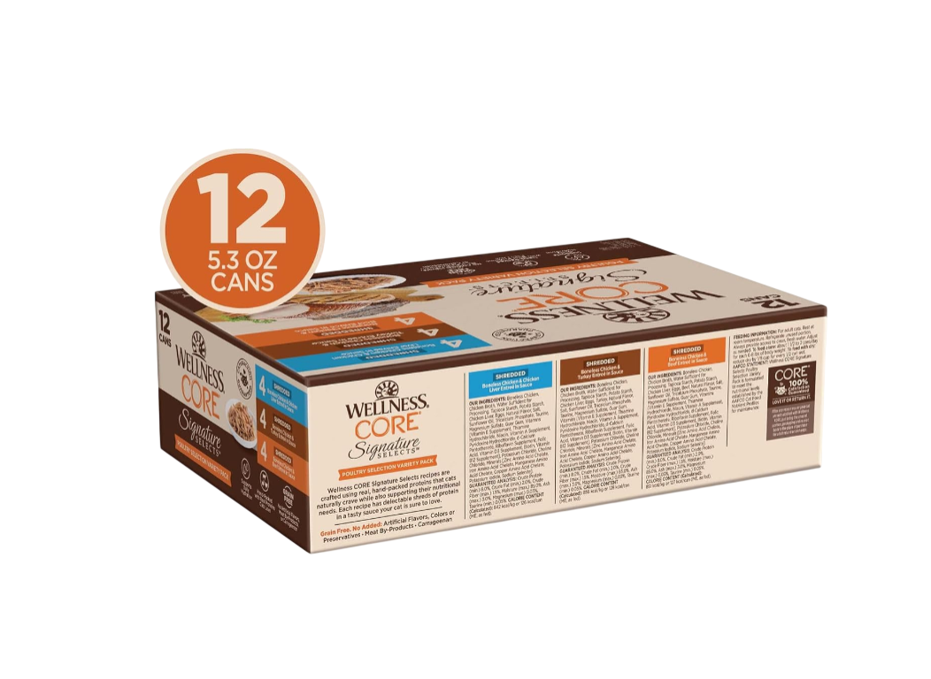 Signature Selects Shredded Adult Wet Cat Food, Natural, Protein-Rich, Grain Free, 5.3 Ounce, 12 Pack (Poultry Variety Pack)