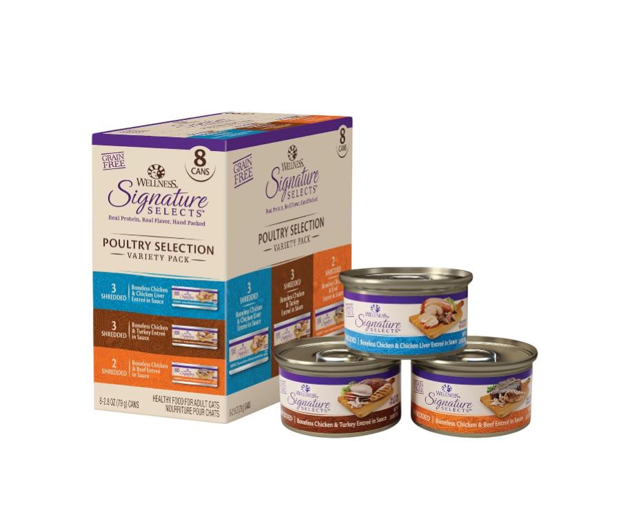 Signature Selects Shredded Adult Wet Cat Food, Natural, Protein-Rich, Grain Free, 2.8 Ounce, 8 Pack (Poultry Variety Pack)