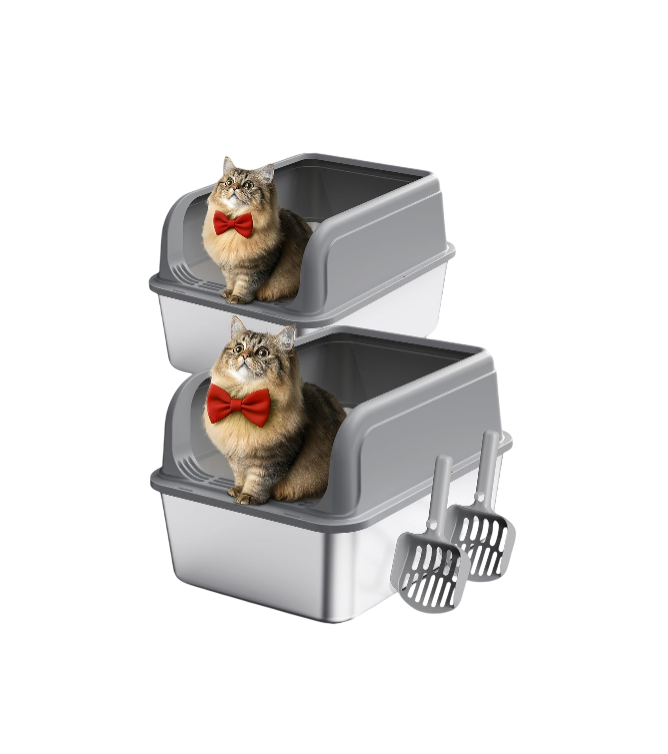 Stainless Steel Cat Litter Box with Scoop – Non-Stick (Grey)