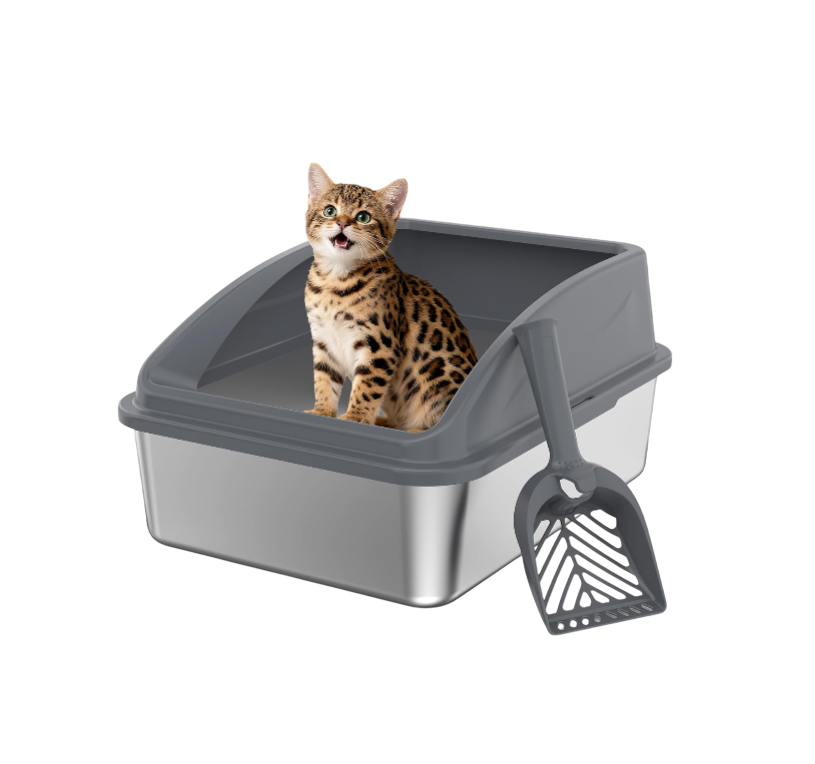 Steel Litter Box, Metal Kitty Litter Box with Scoop, Anti-Leakage Top Entry, Non-Sticky, Easy to Clean