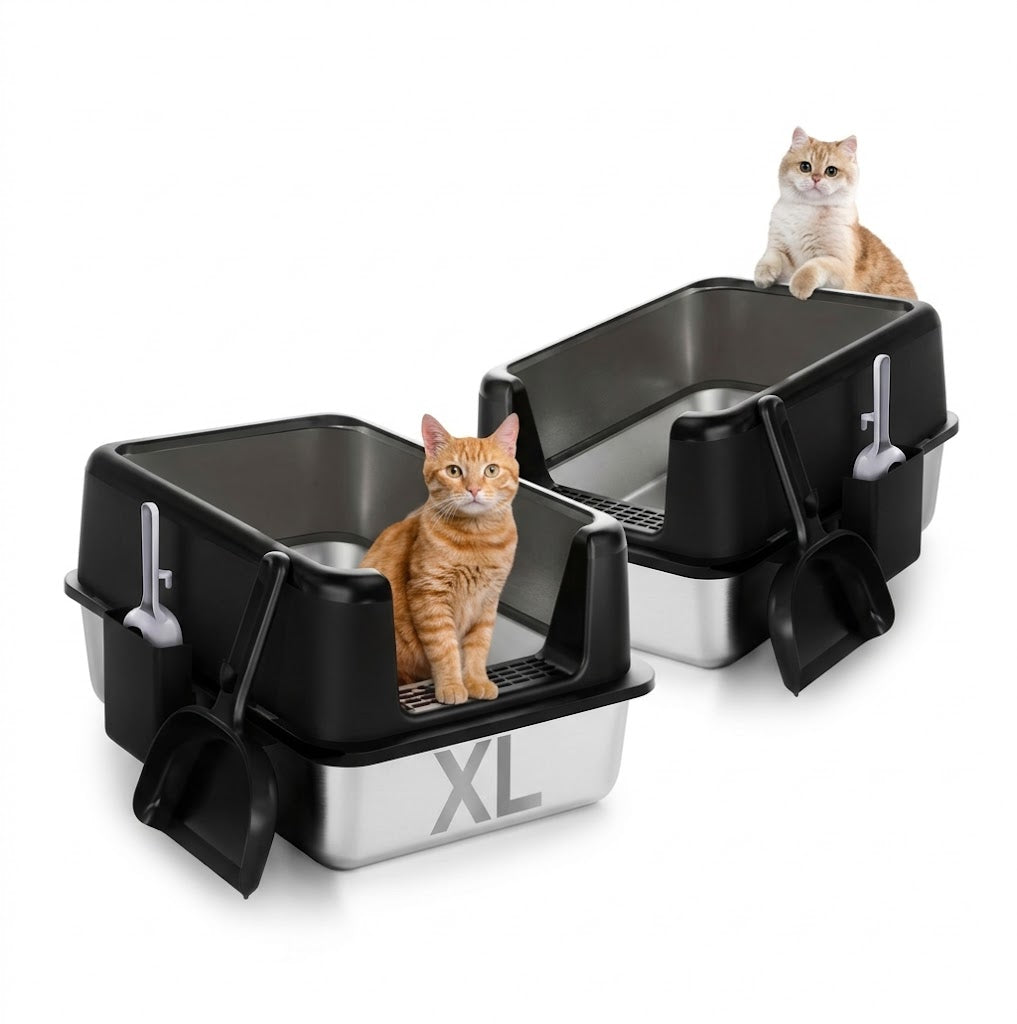 Stainless Steel High-Sided Cat Litter Box with Scoop