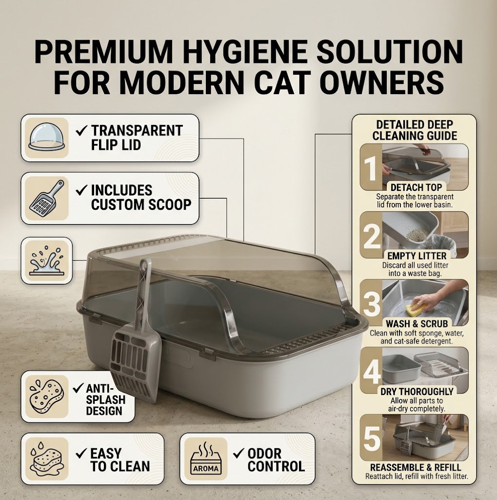 Semi-Enclosed High-Sided Cat Litter Box with Anti-Spill Rim