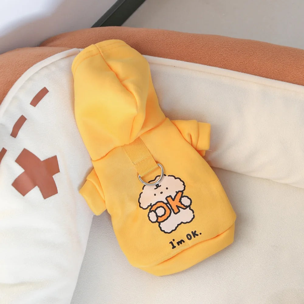 Cat and dog clothes for autumn and winter, made of milk silk and flannel, with a cute dog print hoodie and drawstring buckle (Medium)