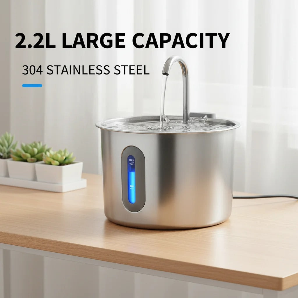 Stainless Steel Cat & Dog Water Fountain – Ultra-Quiet (2.2L)
