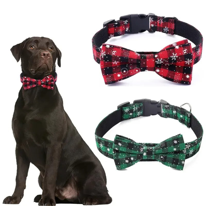 Dog Collar with Bow tie,Christmas Plaid Snowflake Dog Collar with Adjustable Buckle Suitable for Small Large Dogs Cats Pets (S)