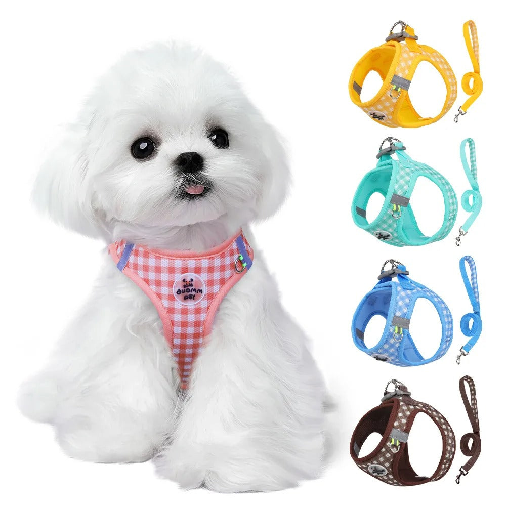 Checked Harness Small Medium-Sized Dog Cat Reflective Breathable Dog Lead Teddy Step In Bichon Pet Walking Harness Leash Rope (L)