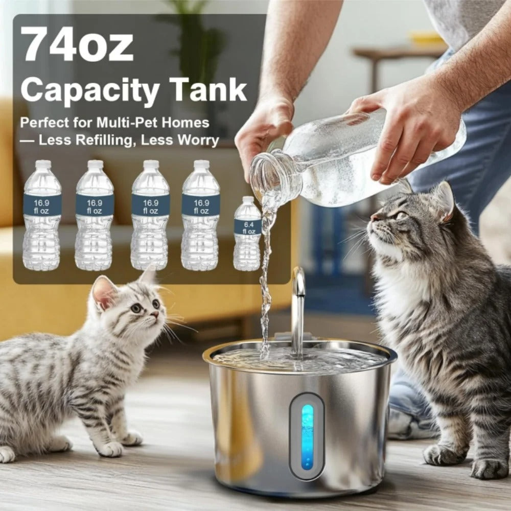 Stainless Steel Cat & Dog Water Fountain 2.2L Ultra Quiet USB Powered Automatic Pet Drinking Fountain Durable for Indoor Pets