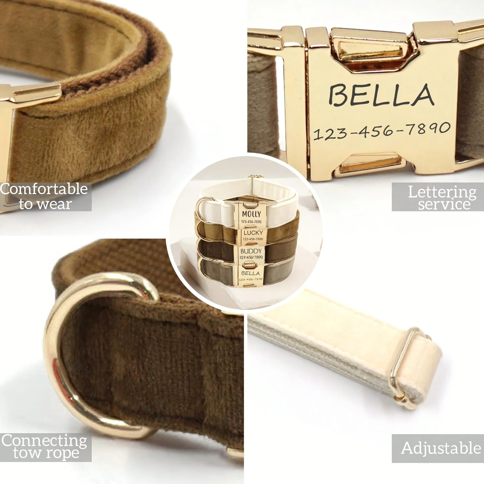 1pc Personalized Dog Collar Velvet, Engraving Custom Name Phone Number ID Tag, Soft Comfy Adjustable Collars For Large