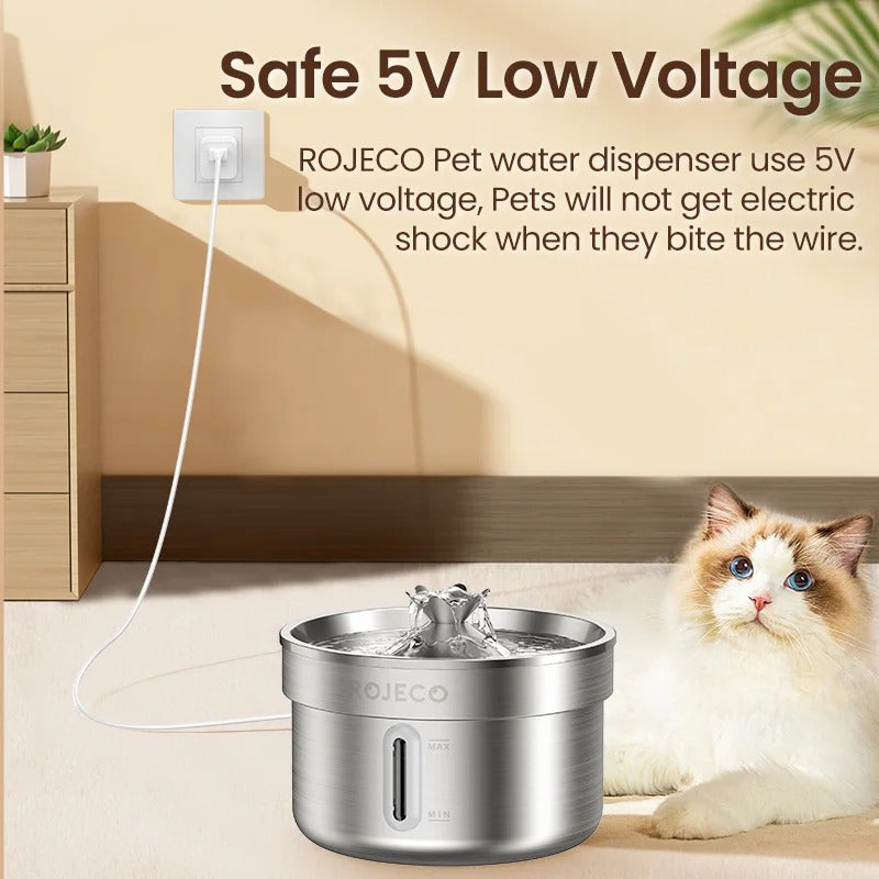 ROJECO Stainless Steel Cat Water Fountain Automatic Pet Drinking Fountain for Cat Dogs Drinker Rechargeable Pet Water Purifier