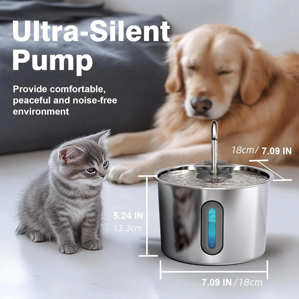 Stainless Steel Cat & Dog Water Fountain 2.2L Ultra Quiet USB Powered Automatic Pet Drinking Fountain Durable for Indoor Pets