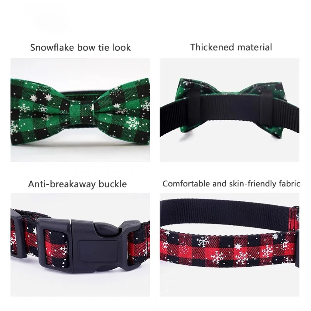 Dog Collar with Bow tie,Christmas Plaid Snowflake Dog Collar with Adjustable Buckle Suitable for Small Large Dogs Cats Pets (S)