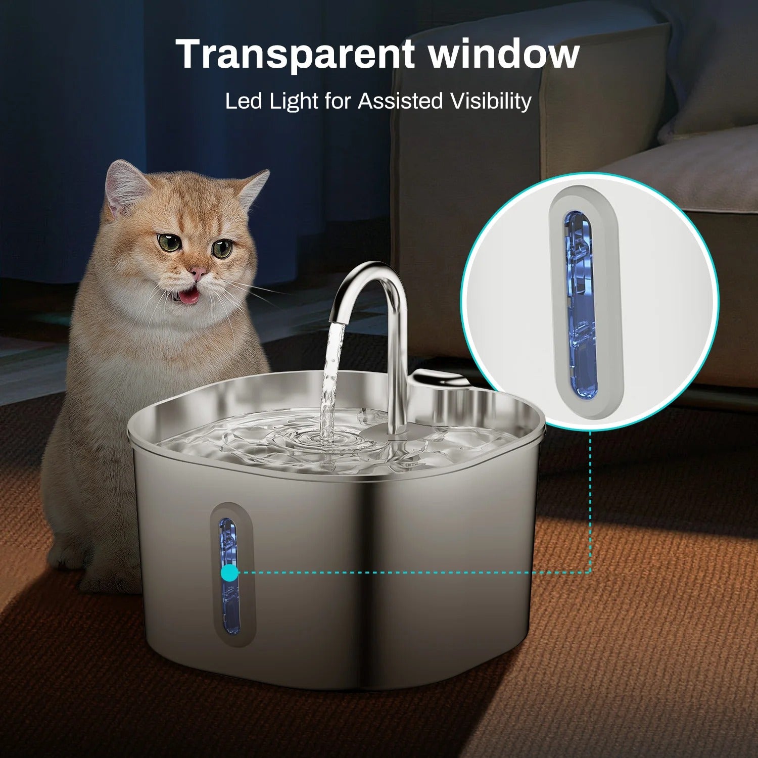 Quiet Stainless Steel Cat Water Fountain (2.2L)