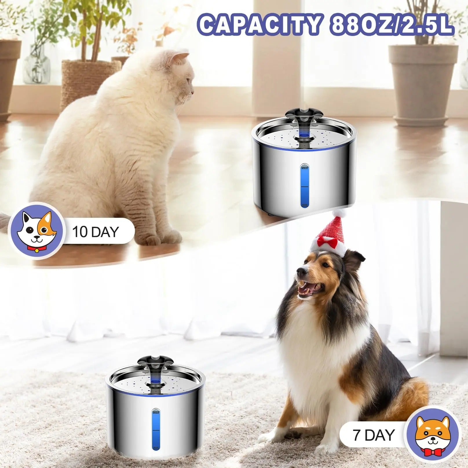 2.5L Stainless Steel Automatic Cat Water Fountain Auto Power-off Fountain With LED Light Non-slip Mat Dog Water Dispenser
