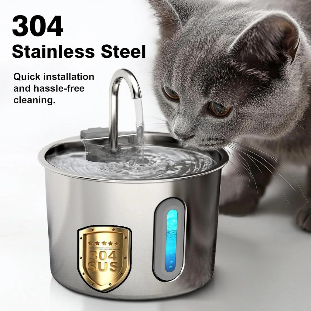 Stainless Steel Cat & Dog Water Fountain 2.2L Ultra Quiet USB Powered Automatic Pet Drinking Fountain Durable for Indoor Pets