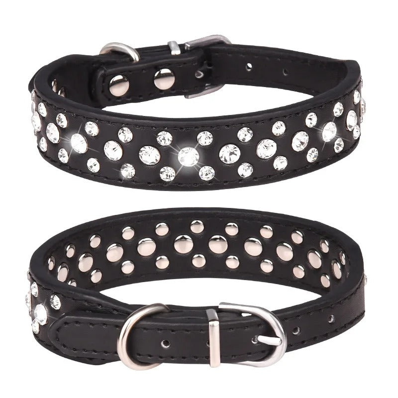 Pet collars for small dogs, pet collars, rhinestone PU collars for cats and dogs, adjustable to prevent pets from being lost