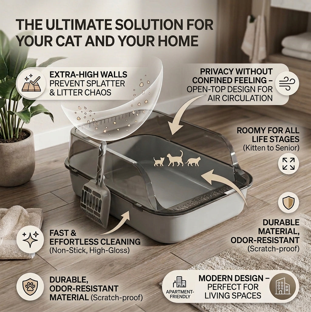Semi-Enclosed High-Sided Cat Litter Box with Anti-Spill Rim