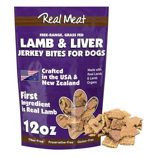 Real Meat Dog Treats - 12oz Bag of Bite-Sized Air-Dried Lamb & Liver Jerky - Grain-Free, 95% Human-Grade, Grass Fed Lamb - All-Natural