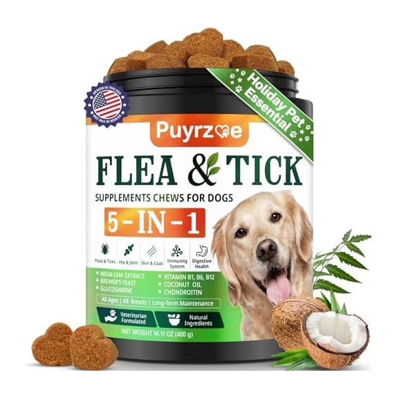 5-in-1 Dog Flea and Tick Treatment Chewable, Natural Flea and Tick Prevention for Dogs Chewable - Flea & Tick | Hip & Joint | Skin & Coat | Immunity Support | Digestive for All Breeds & Sizes