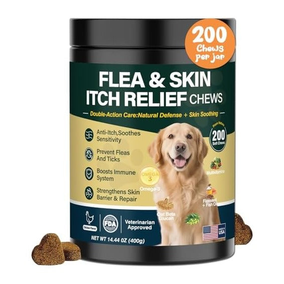 Dog Flea and Tick Prevention Allergy Chews Omega 3 for Dogs Treatment Chewable Natural Flea and Tick Skin and Coat Supplement Immune Dog Chews Yeast Relief Prevention for Dogs Itching and Licking