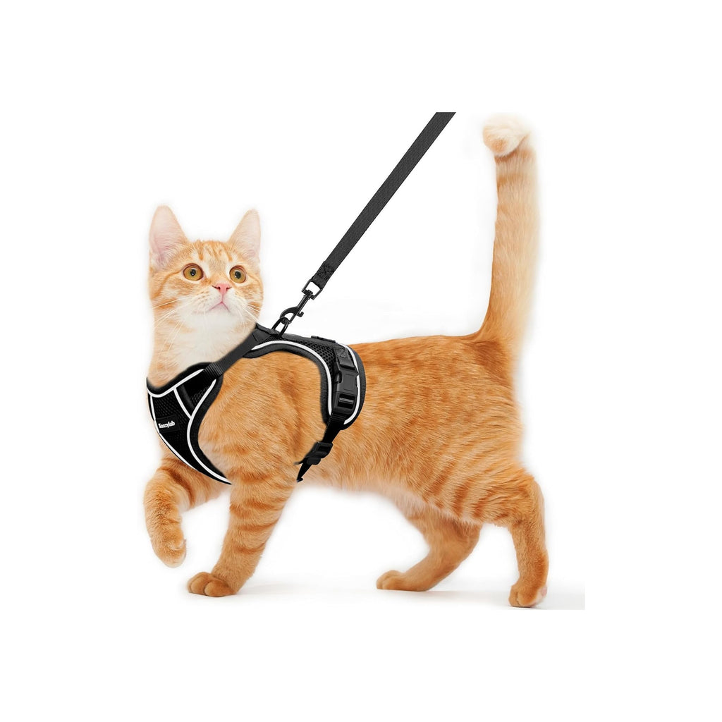 Cat Harness and Leash for Walking Escape Proof Soft Adjustable Cat Leash Breathable Comfortable Vest Easy to Wear Kitten Harness for Outdoor Travel Black