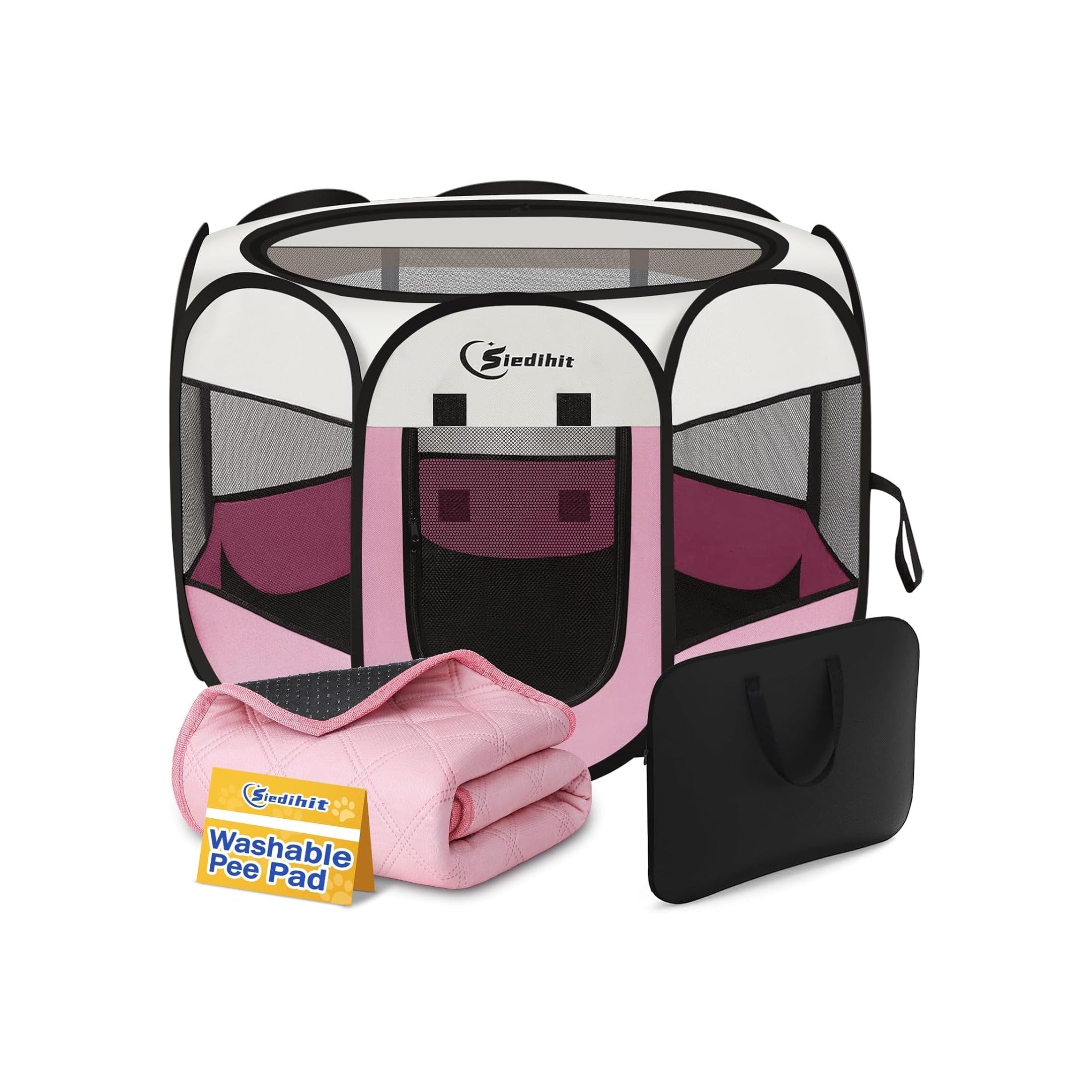 Dog Cat Playpen, Puppy Pet Playpen Indoor for Small Dog Crate Tent Cage Outdoor, Portable Pop Up Dogs Enclosure Kennel with Carrying Case for Dogs/Cats/Rabbits(Pink, Small with pad)