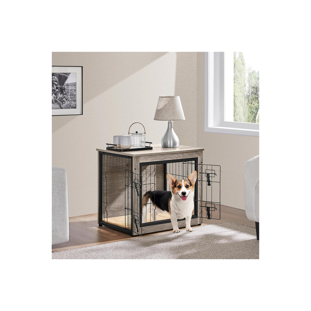 Dog Crate Furniture with Cushion Wooden Dog Crate with Double Doors/Adjustable Feet Side End Table for Small/Medium Dogs, Greige