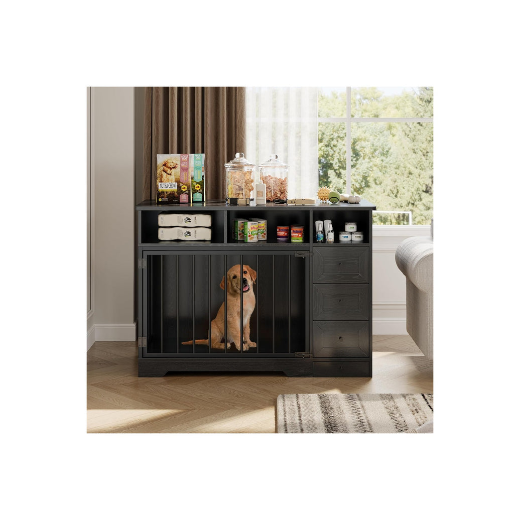Dog Crate End Table with Storage Drawers (Black)