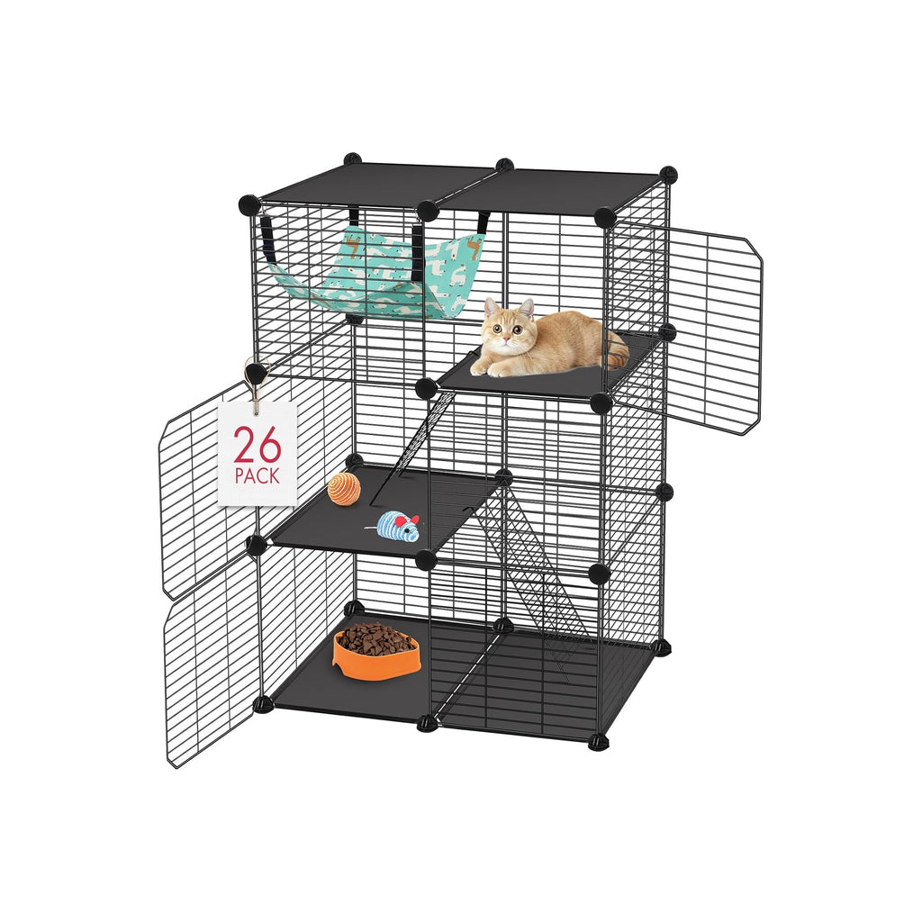 Cat Cage, 3-Tier DIY Catio Cat Enclosures, 24" x 16" x 36" Cat Playpen Indoor & Outdoor with Hammock, Detachable Metal Wire Kennel Cats Crate, 2x1x3 Exercise Place for 1-2 Cats/Kitten