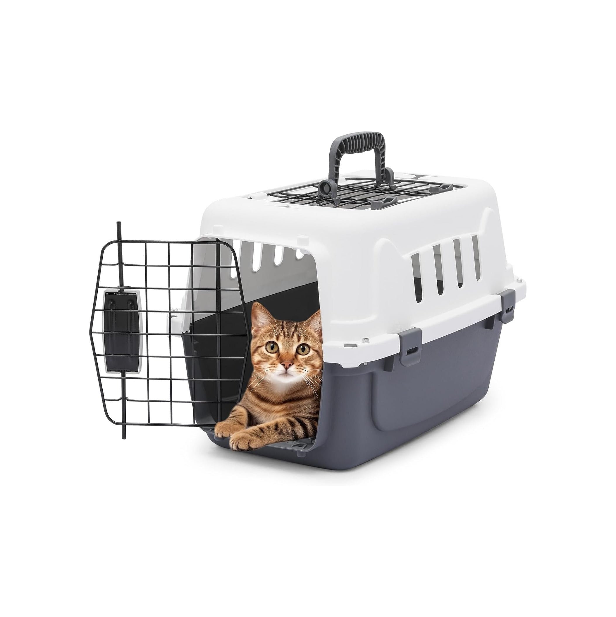 Hard-Sided Travel Pet Carrier for Small Dogs and Cats, Plastic Dog Carriers with 2-Door Top & Front Load & Ventilation & Security Lock, Cat Dog Carrier for Pet, up to 10lbs, Grey
