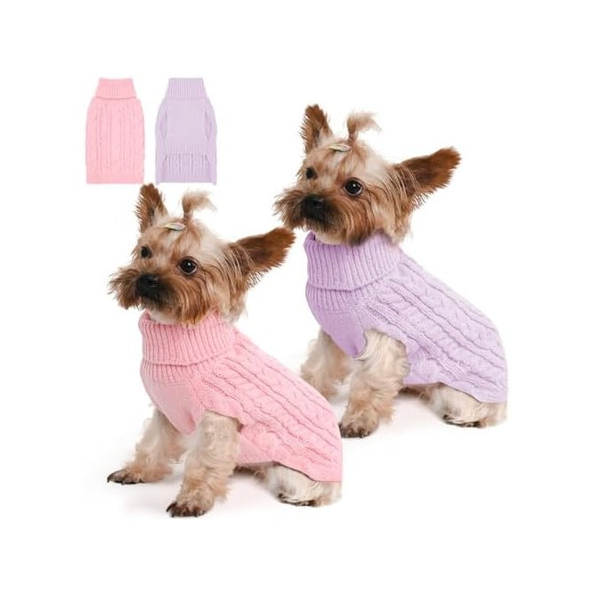 2 Pack Dog Sweaters for Small Dogs Winter Turtleneck Pullover Cable Knit Fleece Stretch Puppy Doggie Chihuahua Toy Poodle Yorkie Pomeranian Boy Girl Pet Clothes (S, Pink & Purple)