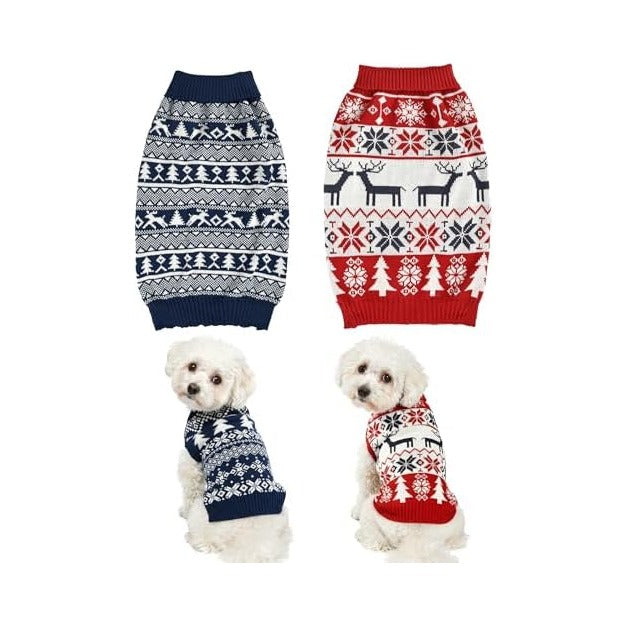 2PCS Dog Christmas Sweater, Soft Warm Pet Clothes Coat for Small Medium Large Dogs and Cats Boy Girl, Fall Cozy Holiday Turtleneck Knitting Collar Pullover Pup Outfit Costume for Thanksgiving New Year
