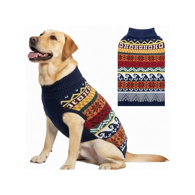 Dog Christmas Sweater, Winter Warm Fleece Holiday Pet Clothes for XL Dogs, Cute Snowflake Turtleneck Dog Pullover Knitwear Indoor & Outdoor