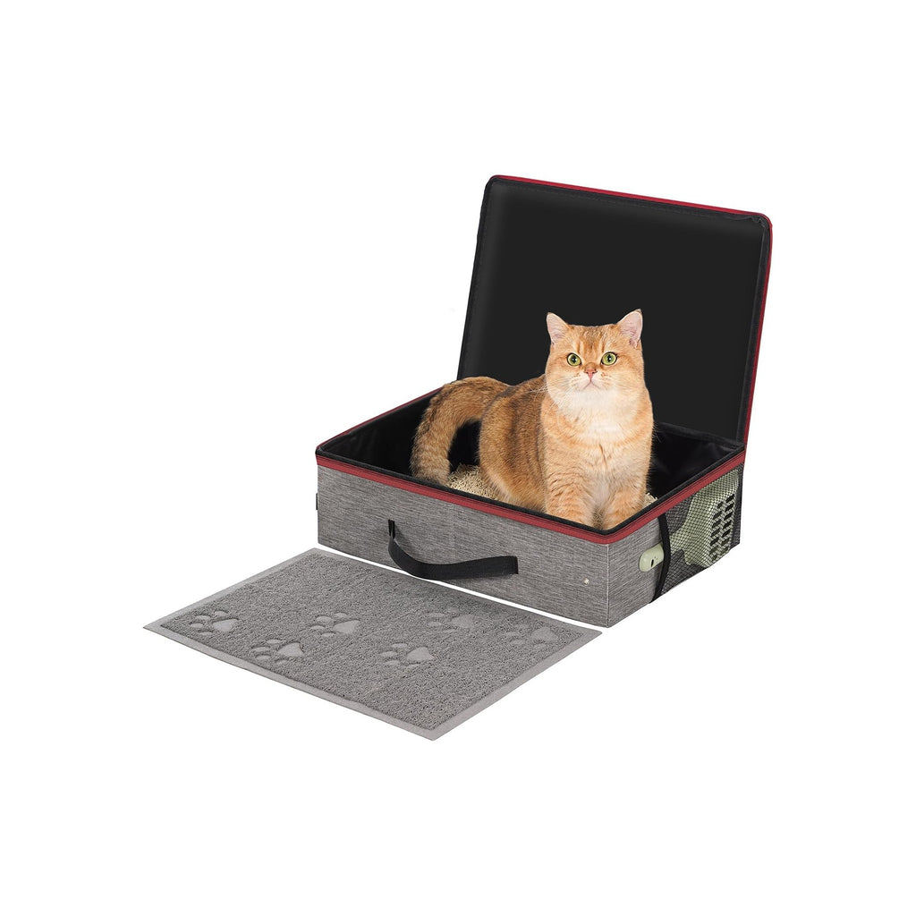 Travel Litter Box for Cats, Waterproof Leak-Proof Foldable Collapsible Kitty Box with Zipped Lid, Mat and Scoop, Easy to Carry Ideal for Hotels Cars