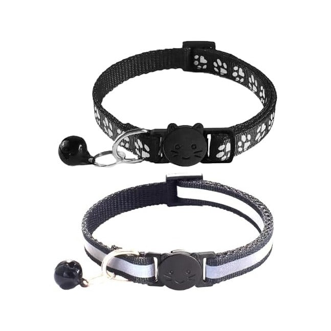 2 Pack Breakaway Cat Collars with Bells, Reflective Design and Claw Print Design, Safety Buckle Kitten Collars Adjustable from 7.5 to 12.5 Inches (Black)
