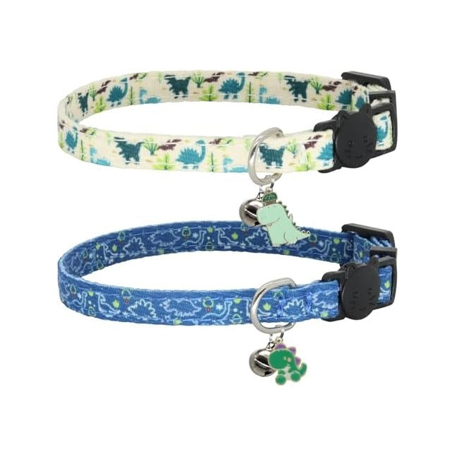 Cat Collar Breakaway, 2 Pack Cotton Cats Collars with Bells, Cute Dinosaurs Shaped for Girl Boy Kittens