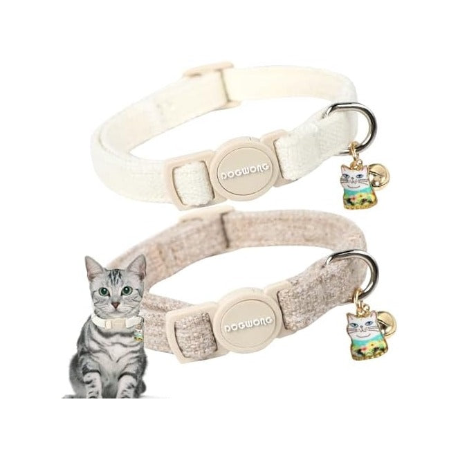 Cat Collar,2 Pack White Hemp Cat Collars Breakaway with Bell, DOGWONG Safety Buckle Wedding Cat Collar for Girl Boy Cats and Small Dogs，Adjustable 7-12 Inch,Pet Supplies Accessories